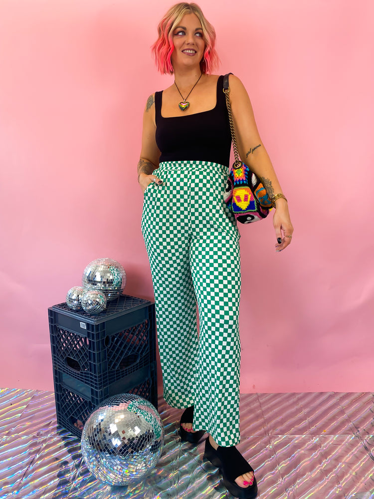 DAYTRIPPIN CHECKERED PRINT RIBBED PANTS