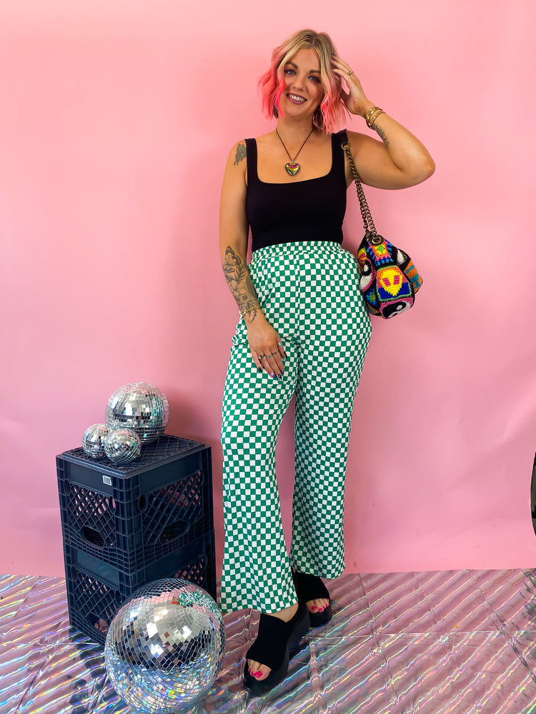 DAYTRIPPIN CHECKERED PRINT RIBBED PANTS
