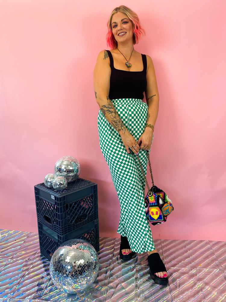 DAYTRIPPIN CHECKERED PRINT RIBBED PANTS