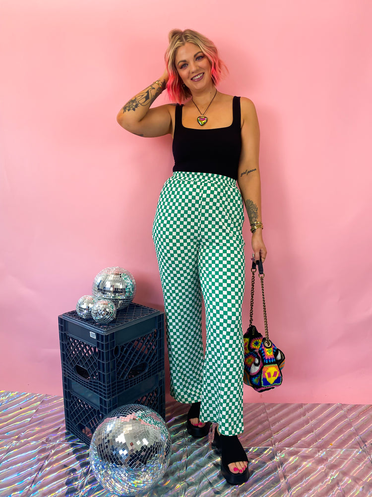 DAYTRIPPIN CHECKERED PRINT RIBBED PANTS