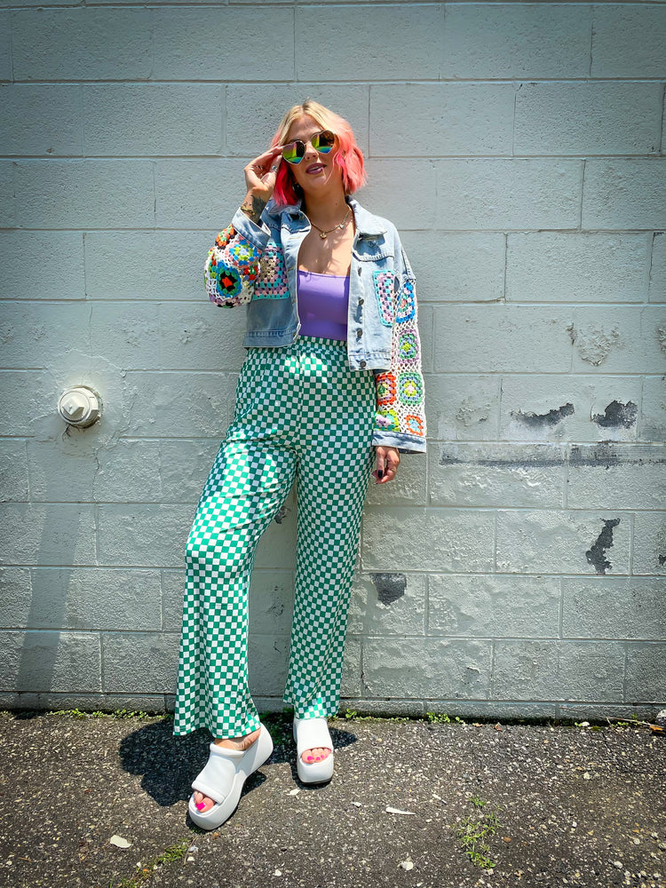 DAYTRIPPIN CHECKERED PRINT RIBBED PANTS