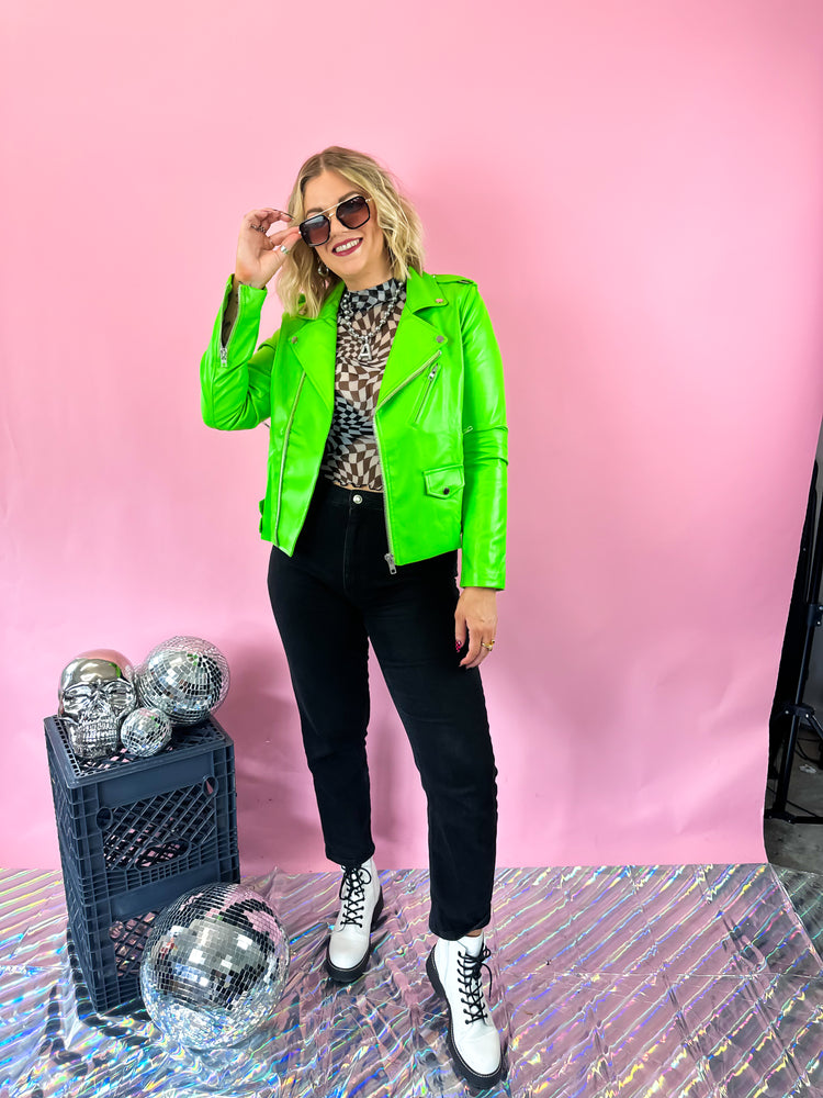 MAKE A STATEMENT LUXE MOTO JACKET IN APPLE GREEN