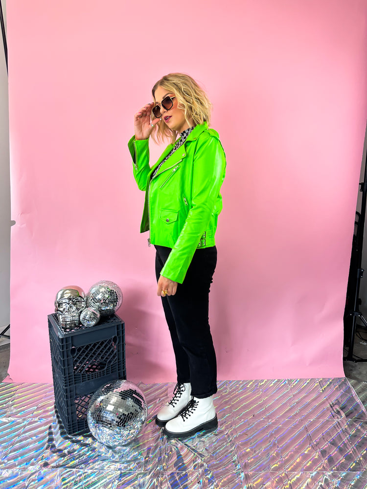 MAKE A STATEMENT LUXE MOTO JACKET IN APPLE GREEN
