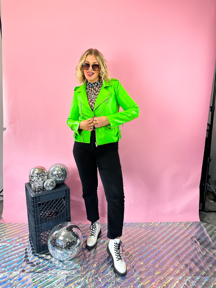 MAKE A STATEMENT LUXE MOTO JACKET IN APPLE GREEN