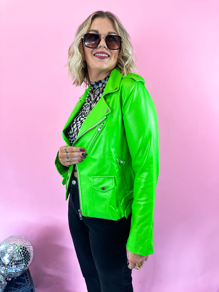 MAKE A STATEMENT LUXE MOTO JACKET IN APPLE GREEN