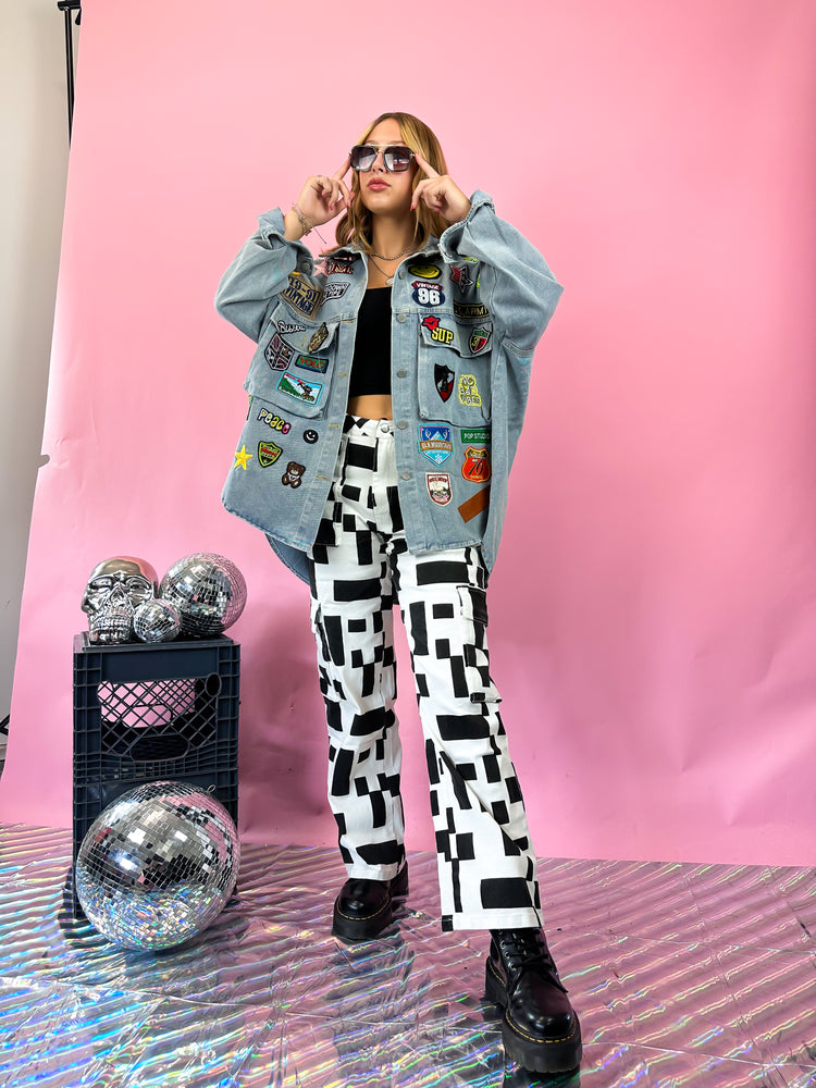 NO BAD VIBES PATCHED OUT LUXE JACKET IN DENIM
