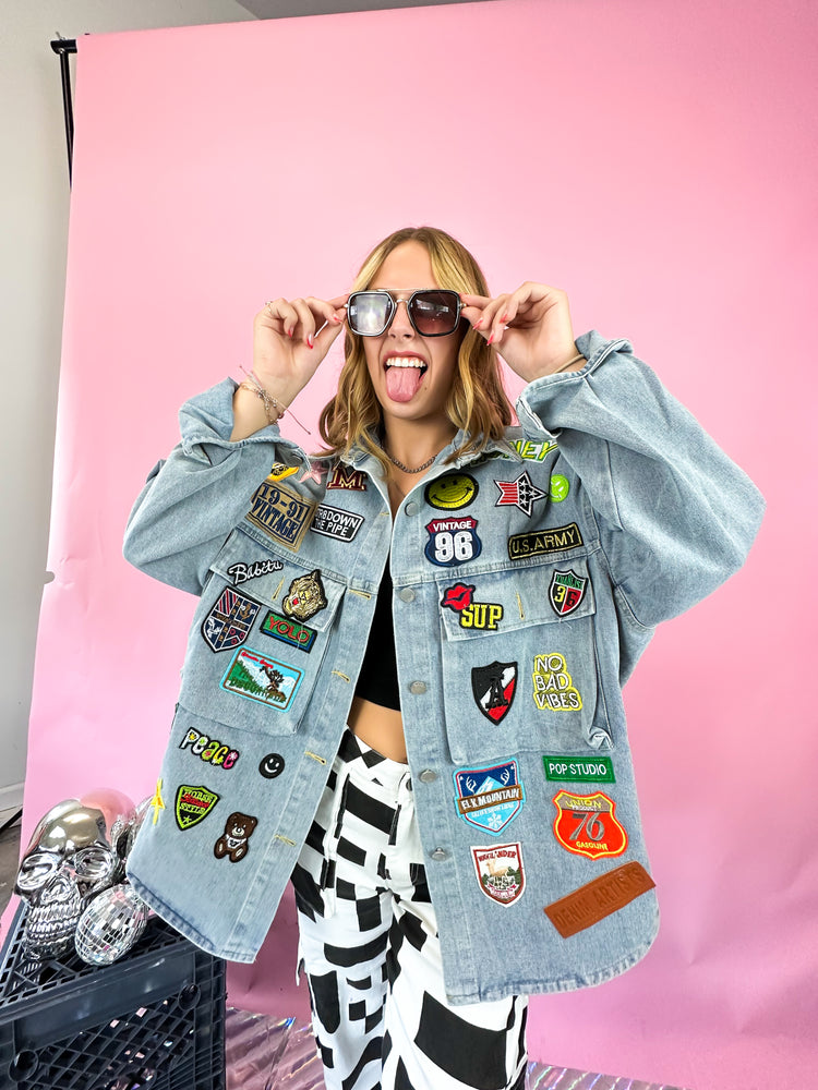 NO BAD VIBES PATCHED OUT LUXE JACKET IN DENIM