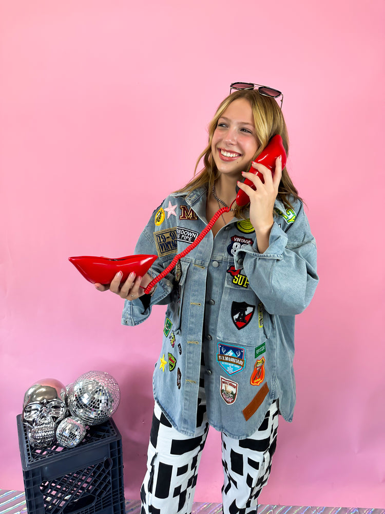 NO BAD VIBES PATCHED OUT LUXE JACKET IN DENIM
