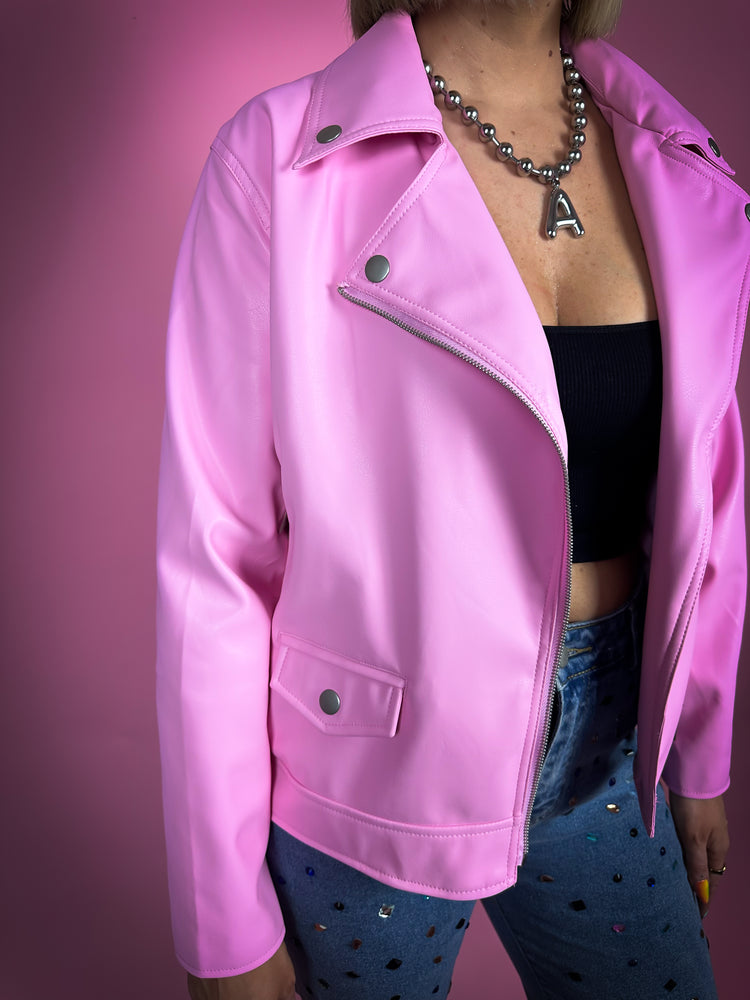 FREE TO FLY FAUX LEATHER MOTO JACKET IN BUBBLEGUM PINK