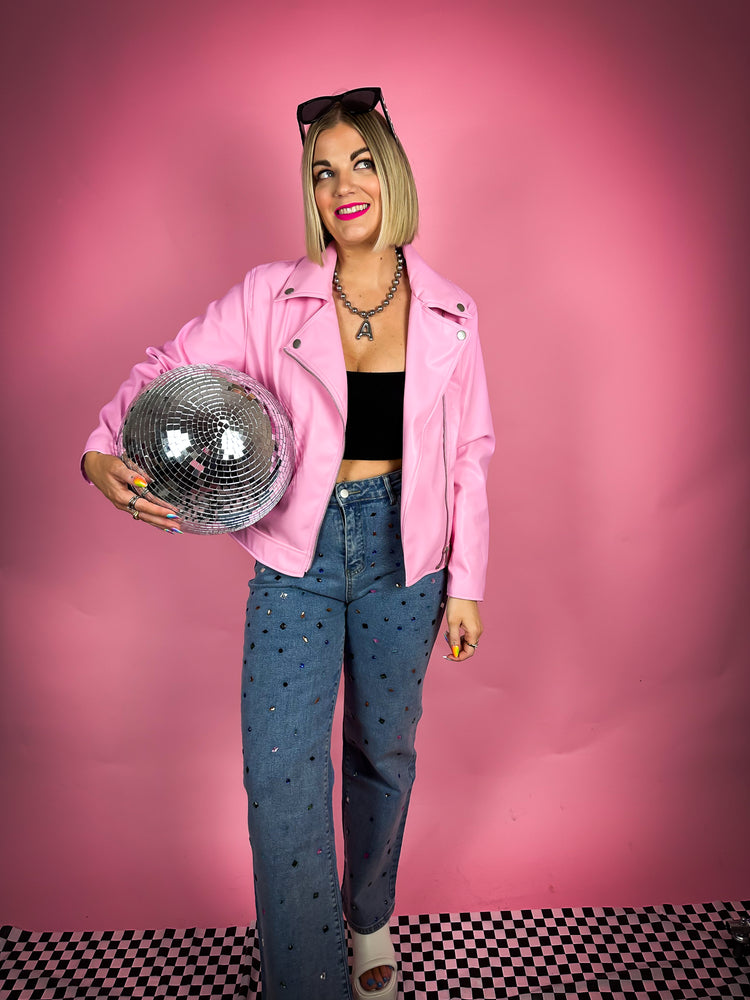 FREE TO FLY FAUX LEATHER MOTO JACKET IN BUBBLEGUM PINK