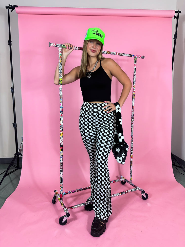 SCENE QUEEN GEO PRINT RIBBED FLARE PANTS