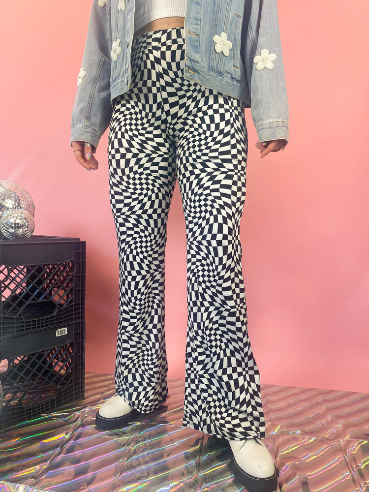 SHE'S A WILDCARD CHECKERED FLARE PANTS