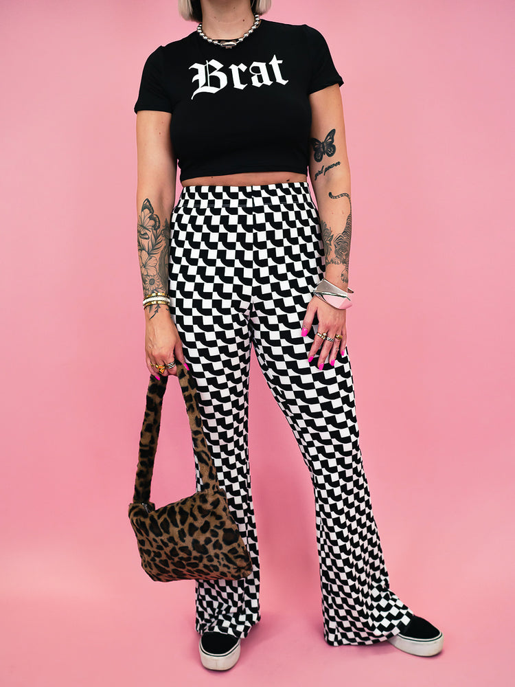 SCENE QUEEN GEO PRINT RIBBED FLARE PANTS