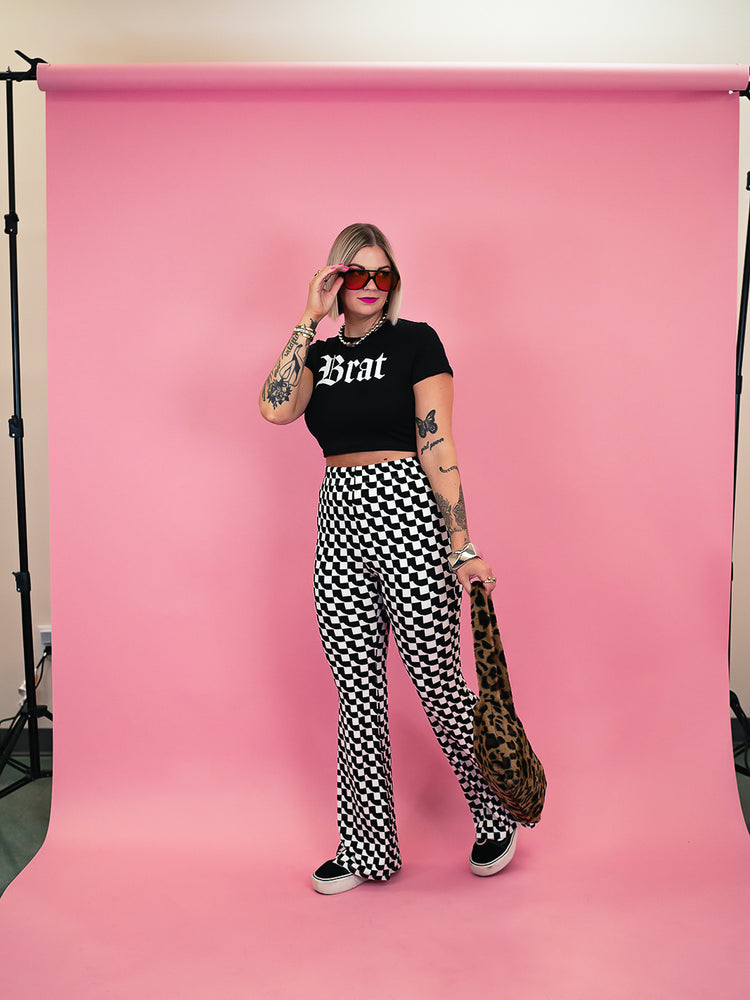 SCENE QUEEN GEO PRINT RIBBED FLARE PANTS
