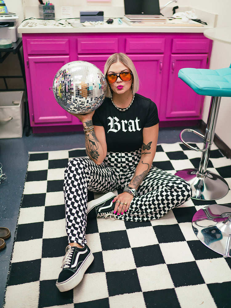 SCENE QUEEN GEO PRINT RIBBED FLARE PANTS