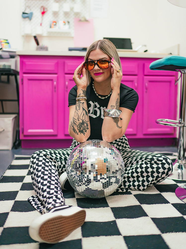 SCENE QUEEN GEO PRINT RIBBED FLARE PANTS