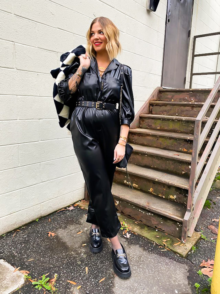JETSETTER GIRL FAUX LEATHER JUMPSUIT in *Black*