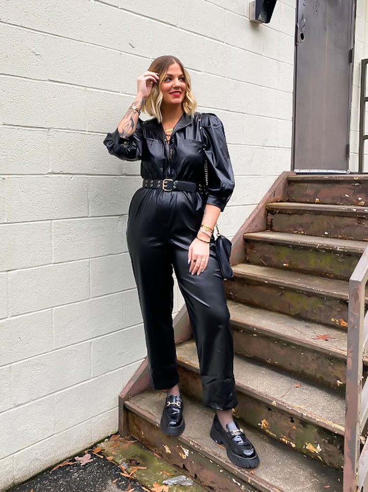 JETSETTER GIRL FAUX LEATHER JUMPSUIT in *Black*