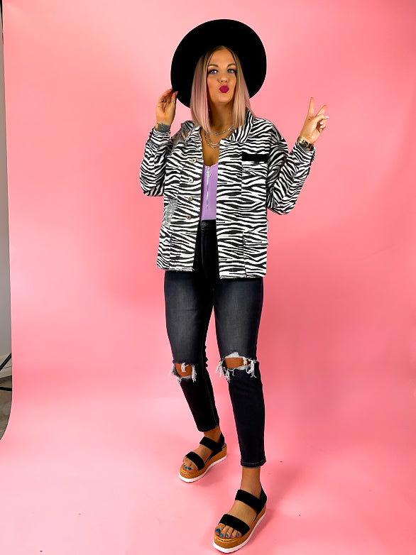 WILD ABOUT YOU ZEBRA DENIM JACKET