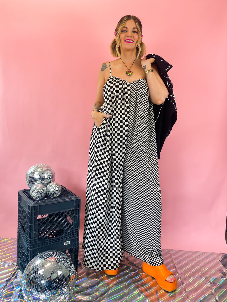 MEET ME BACKSTAGE CHECKERED WIDE LEG JUMPSUIT *JUST RESTOCKED!*