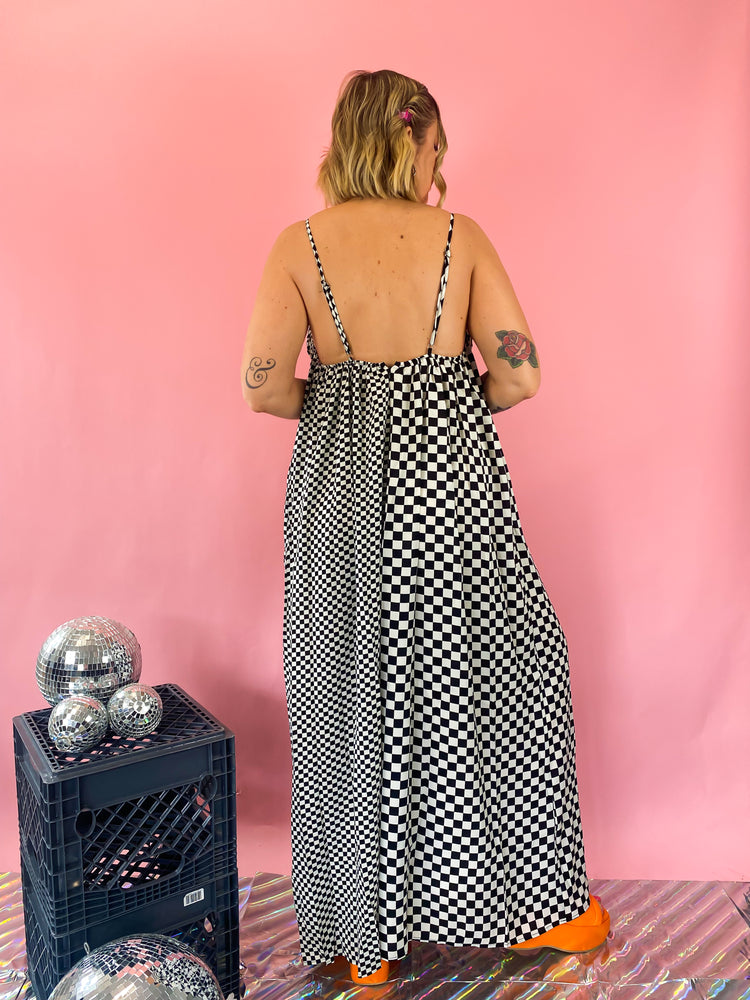 MEET ME BACKSTAGE CHECKERED WIDE LEG JUMPSUIT *JUST RESTOCKED!*