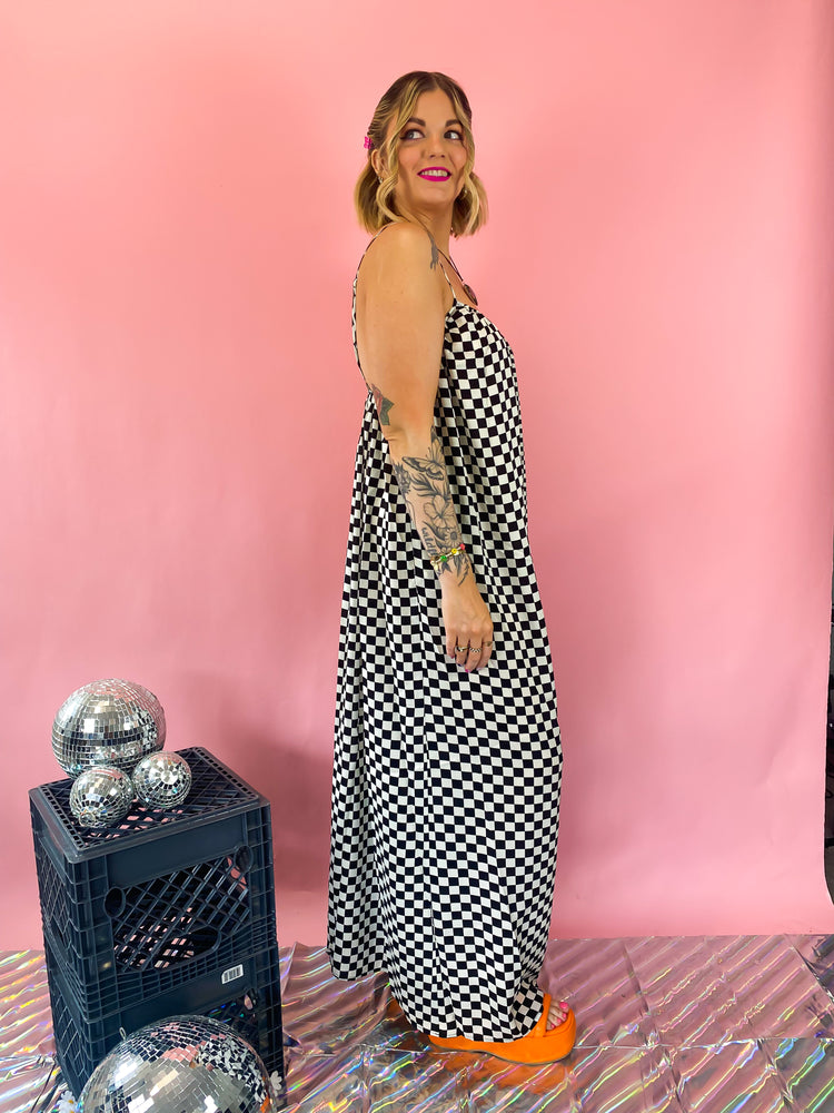 MEET ME BACKSTAGE CHECKERED WIDE LEG JUMPSUIT *JUST RESTOCKED!*
