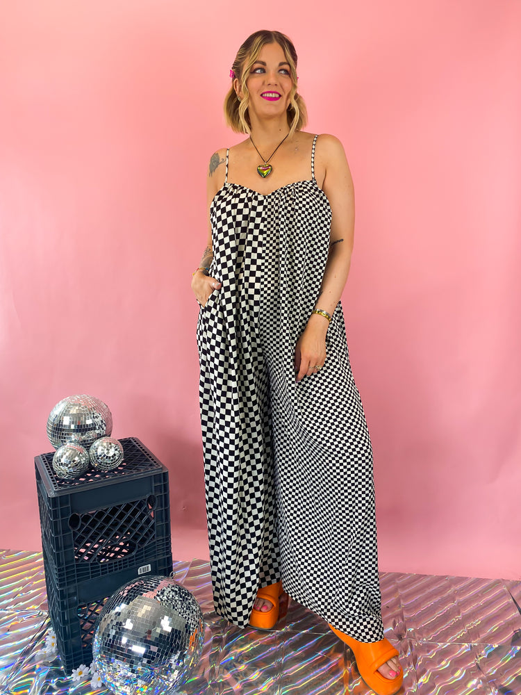 MEET ME BACKSTAGE CHECKERED WIDE LEG JUMPSUIT *JUST RESTOCKED!*