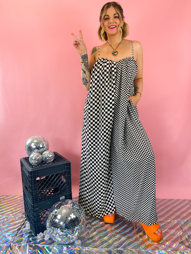 MEET ME BACKSTAGE CHECKERED WIDE LEG JUMPSUIT *JUST RESTOCKED!*