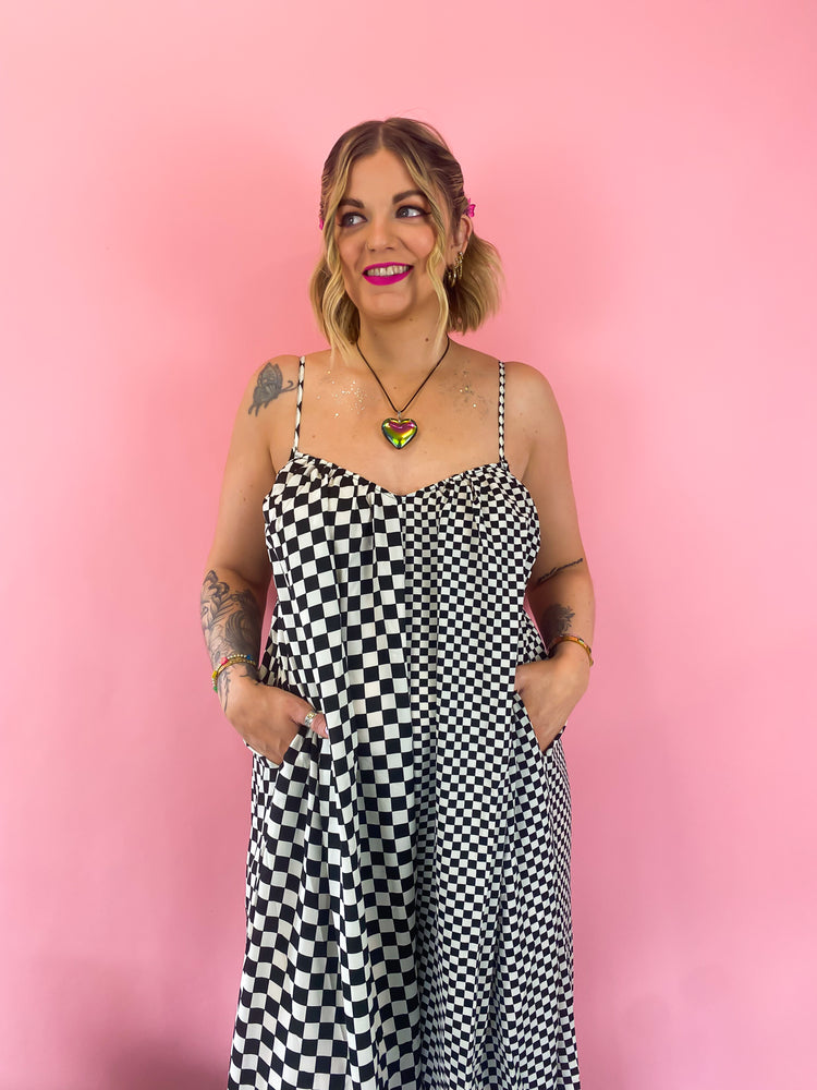 MEET ME BACKSTAGE CHECKERED WIDE LEG JUMPSUIT *JUST RESTOCKED!*