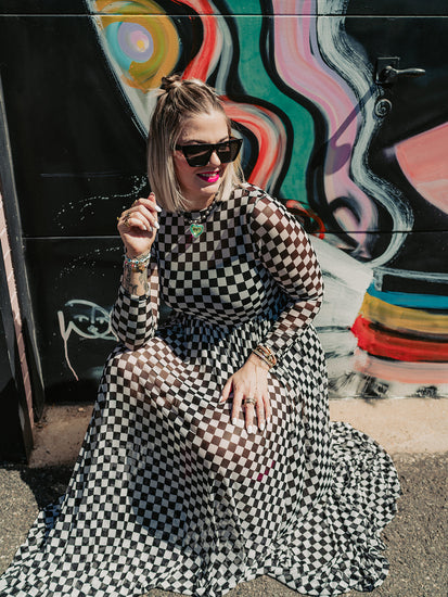 checkered mesh dress FIERCE FEMALE MESH MAXI DRESS IN CHECKERED PRINT S-3XL Shop Alora Eden