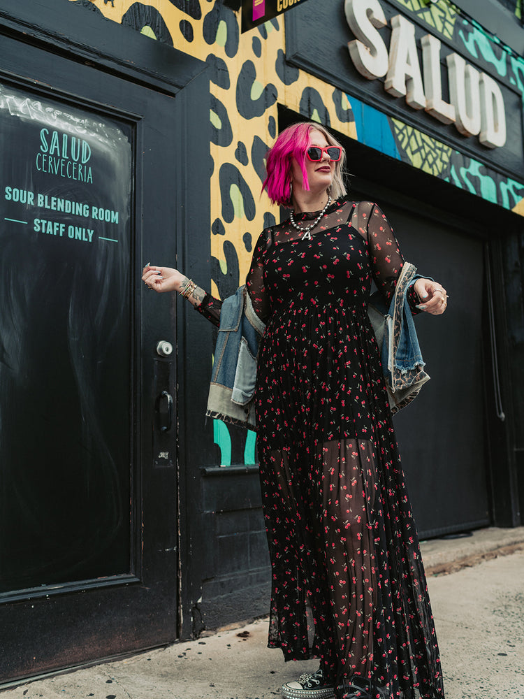 FIERCE FEMALE MESH MAXI DRESS IN VERY CHERRY S-XL