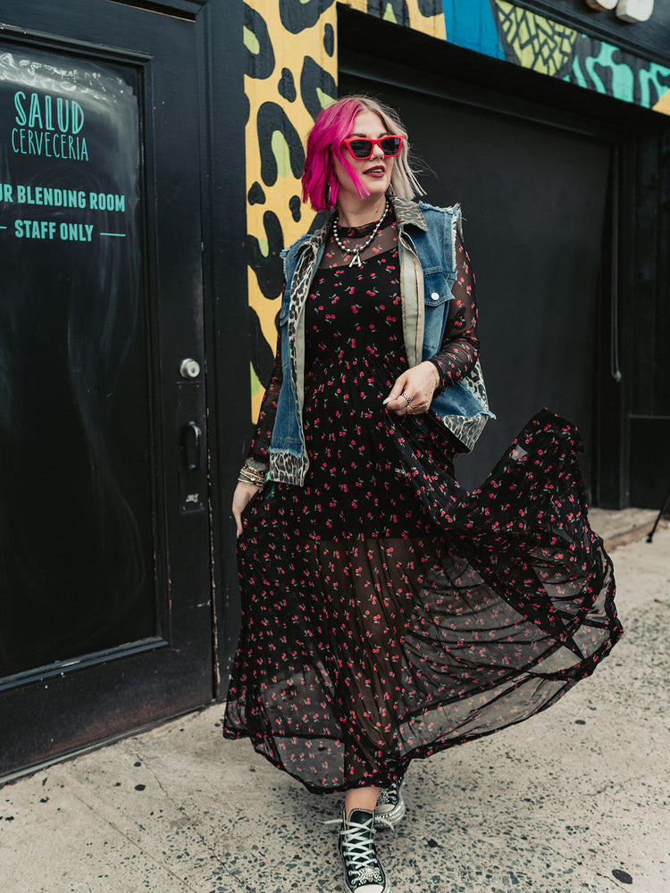FIERCE FEMALE MESH MAXI DRESS IN VERY CHERRY S-XL