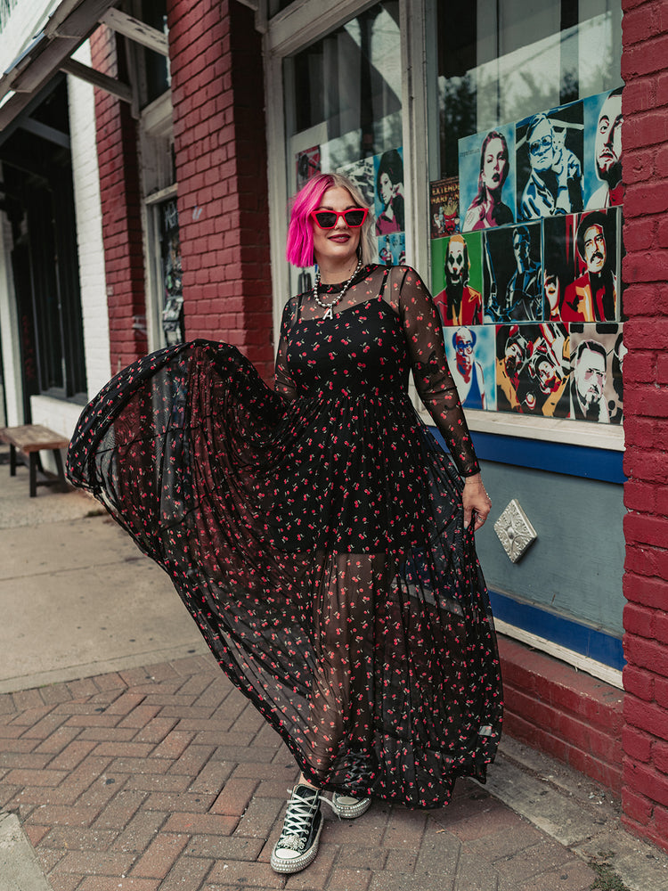 FIERCE FEMALE MESH MAXI DRESS IN VERY CHERRY S-XL
