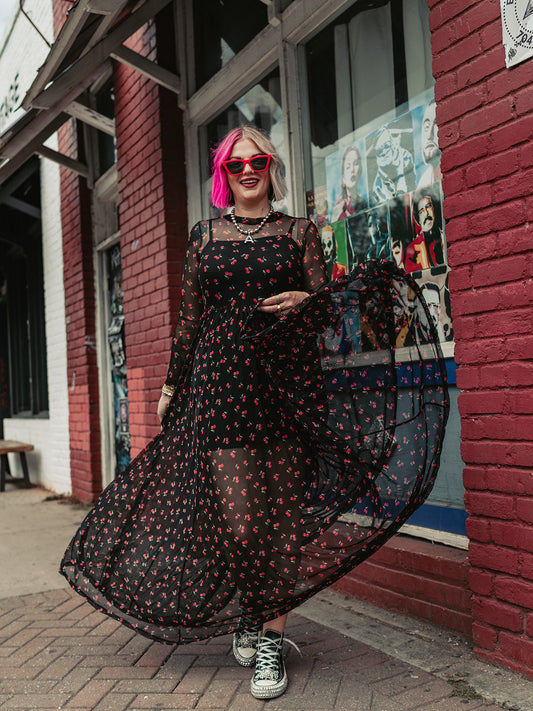 FIERCE FEMALE MESH MAXI DRESS IN VERY CHERRY S-XL