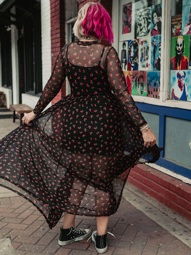 FIERCE FEMALE MESH MAXI DRESS IN VERY CHERRY S-XL