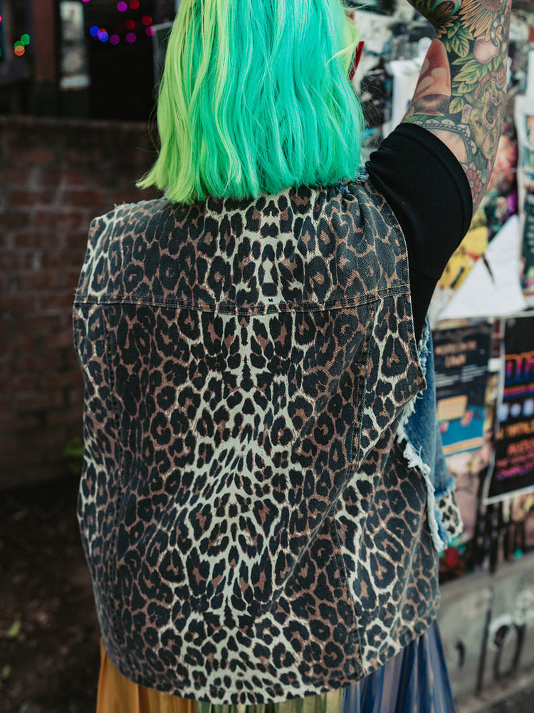 DON'T TAME ME LEOPARD DENIM VEST S-XL