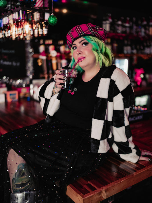 AFTER PARTY ENERGY CHECKERED FAUX FUR COAT