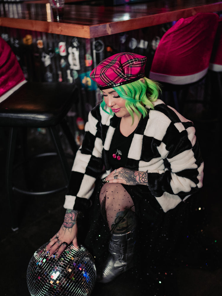 AFTER PARTY ENERGY CHECKERED FAUX FUR COAT