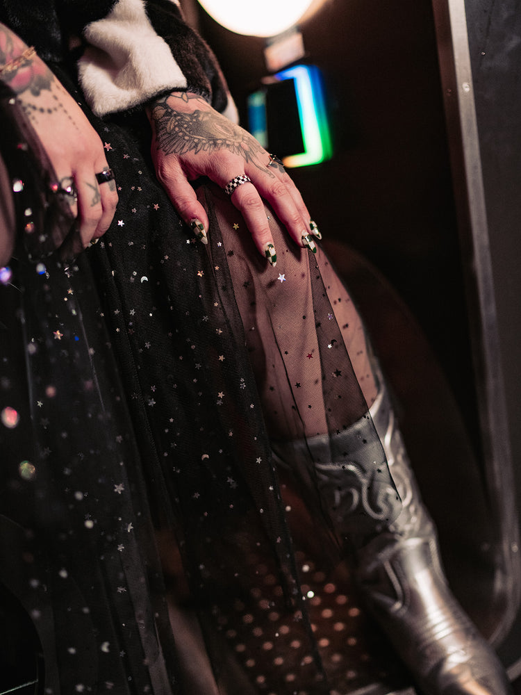 BORN TO SPARKLE MESH MIDI SKIRT