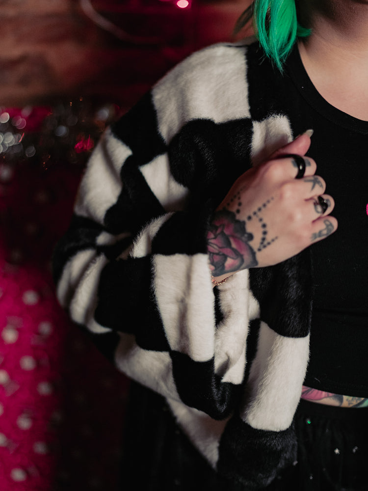 AFTER PARTY ENERGY CHECKERED FAUX FUR COAT