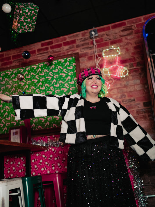 AFTER PARTY ENERGY CHECKERED FAUX FUR COAT