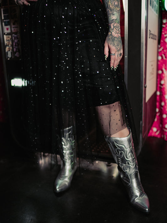 BORN TO SPARKLE MESH MIDI SKIRT