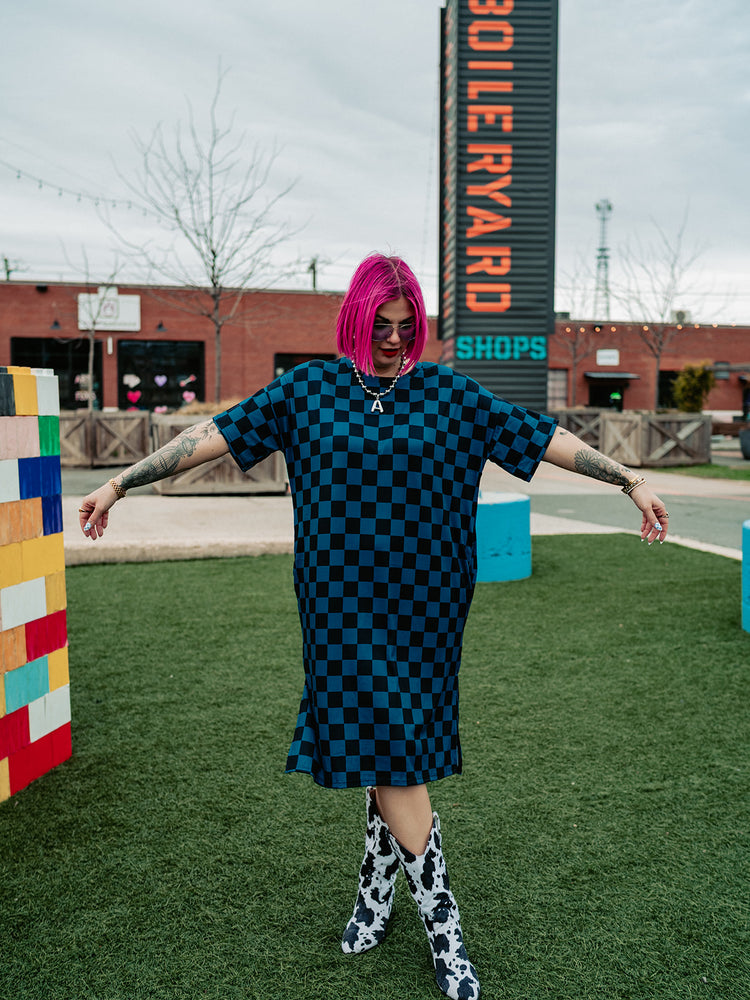 BLENDING IN IS BORING CHECKERED RIBBED DRESS IN TOTALLY TEAL
