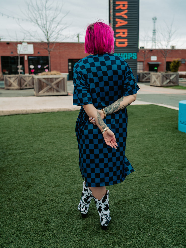 BLENDING IN IS BORING CHECKERED RIBBED DRESS IN TOTALLY TEAL