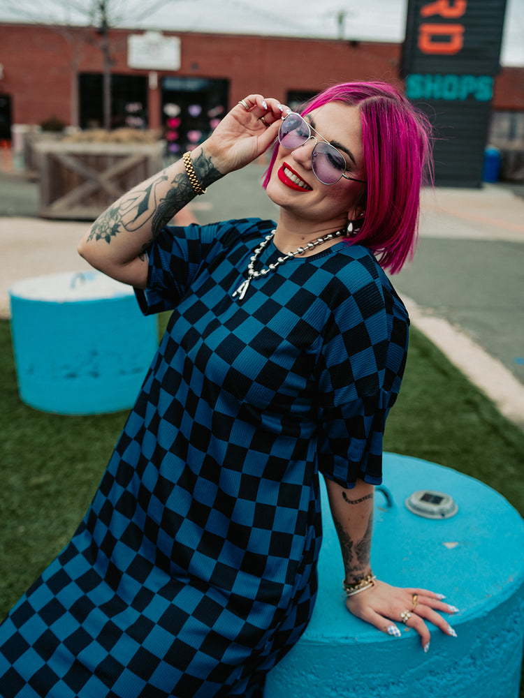 BLENDING IN IS BORING CHECKERED RIBBED DRESS IN TOTALLY TEAL