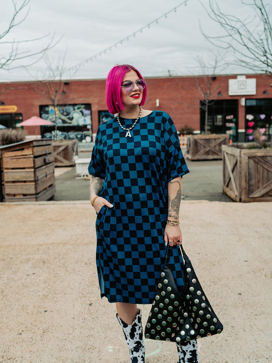 BLENDING IN IS BORING CHECKERED RIBBED DRESS IN TOTALLY TEAL