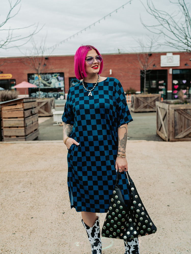 BLENDING IN IS BORING CHECKERED RIBBED DRESS IN TOTALLY TEAL