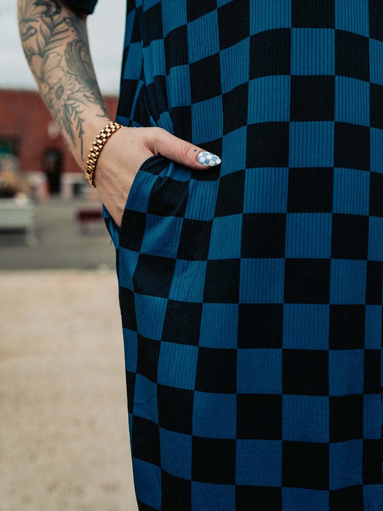 BLENDING IN IS BORING CHECKERED RIBBED DRESS IN TOTALLY TEAL