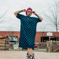 BLENDING IN IS BORING CHECKERED RIBBED DRESS IN TOTALLY TEAL