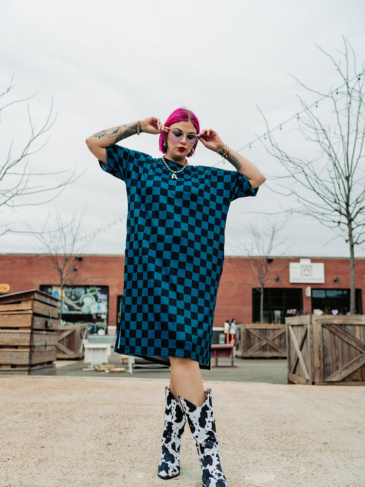 BLENDING IN IS BORING CHECKERED RIBBED DRESS IN TOTALLY TEAL